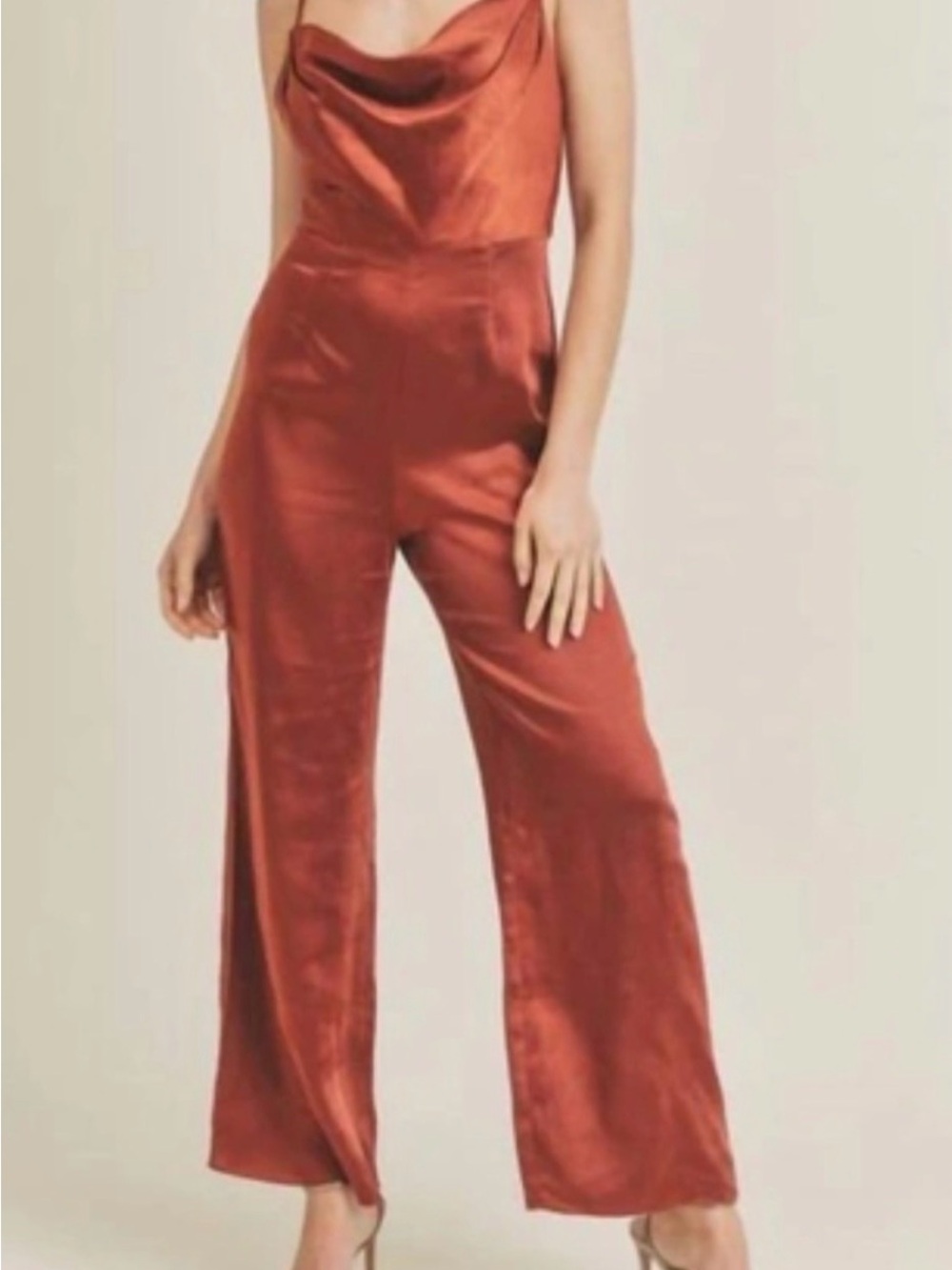 Satin Cowl-Neck Wide-Leg Jumpsuit - Rust